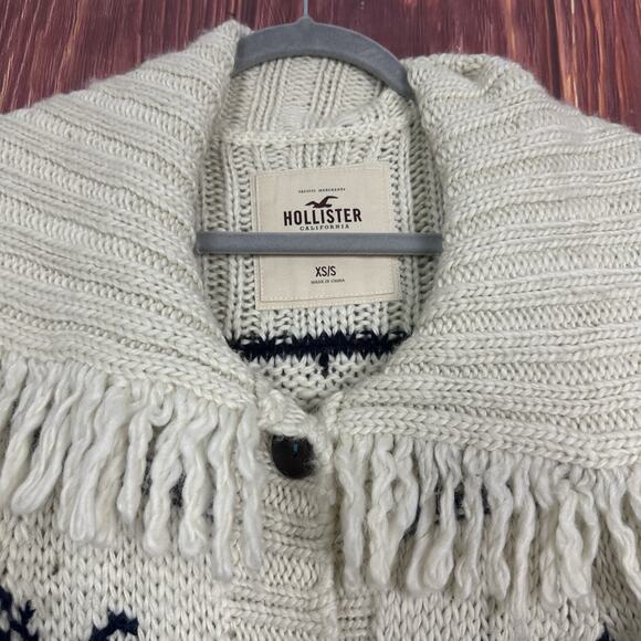 Hollister Womens Ivory Chunky Knit Cardigan Fringe Y2K 2000s Wool Fair Isle XS/S - Picture 3 of 6